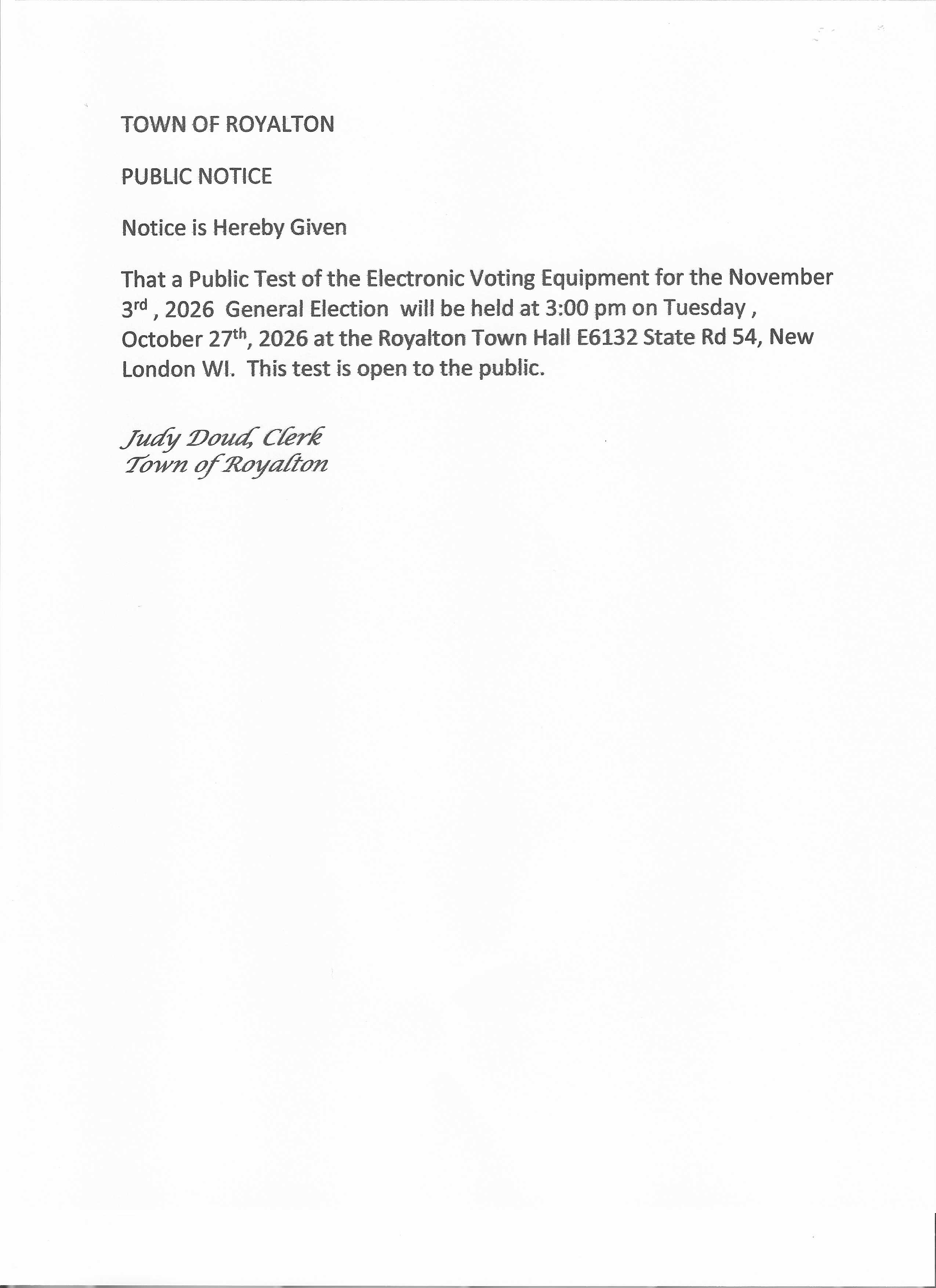 Notice of Public Test of Electronic Voting Equipment
